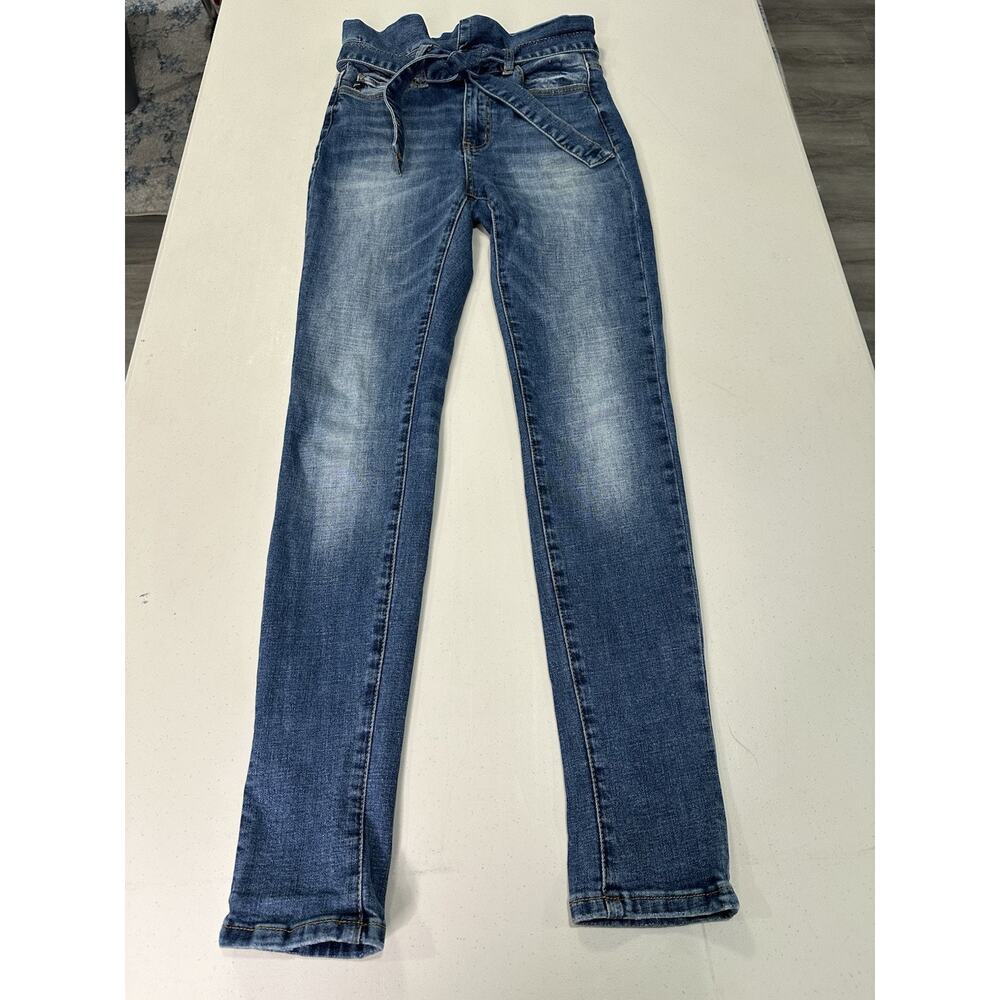KanCan Skinny Stretch Jeans Tie Belt Ruffled Waistband Sz 1/24 Preppy #KC6261M